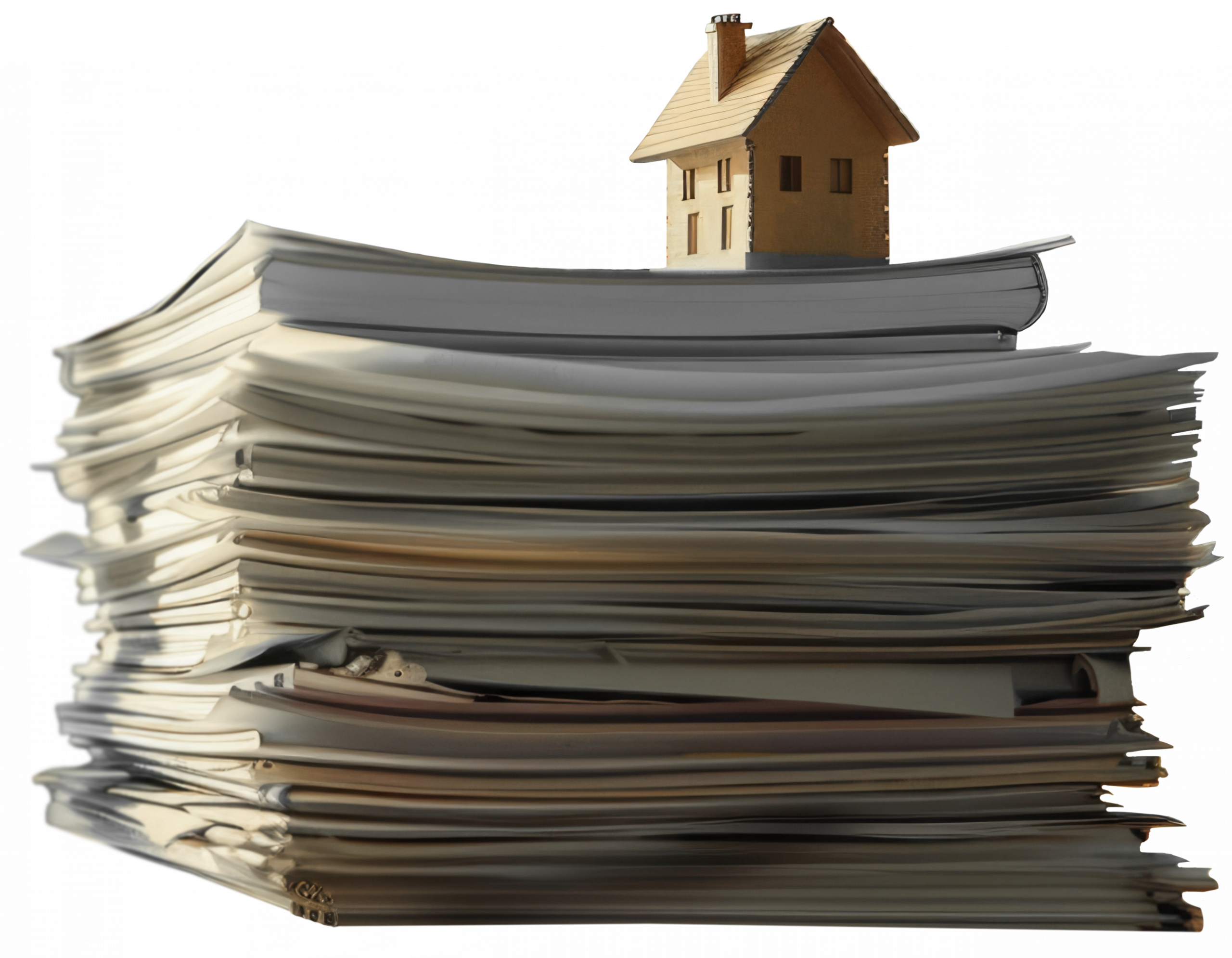 Aktenstapel mit Holzhaus zur Untermalung des Themas Immobilienerbschaft