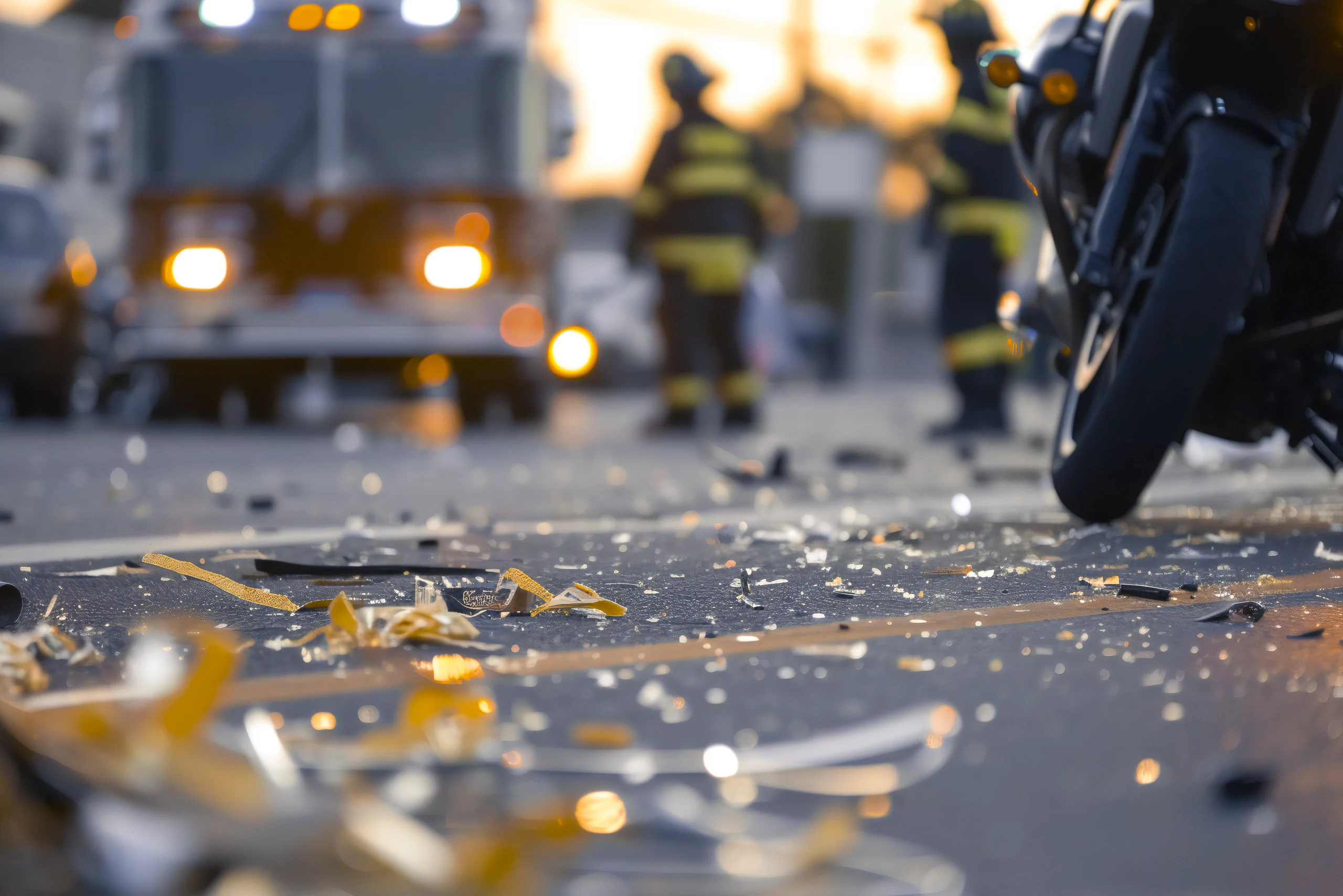 Verkehrsunfall mit einem Motorrad: Defekt Fahrzeugteile liegen im Vordergrund auf der Fahrbahn und im Hintergrund ist die Feuerwehr zu erkennen